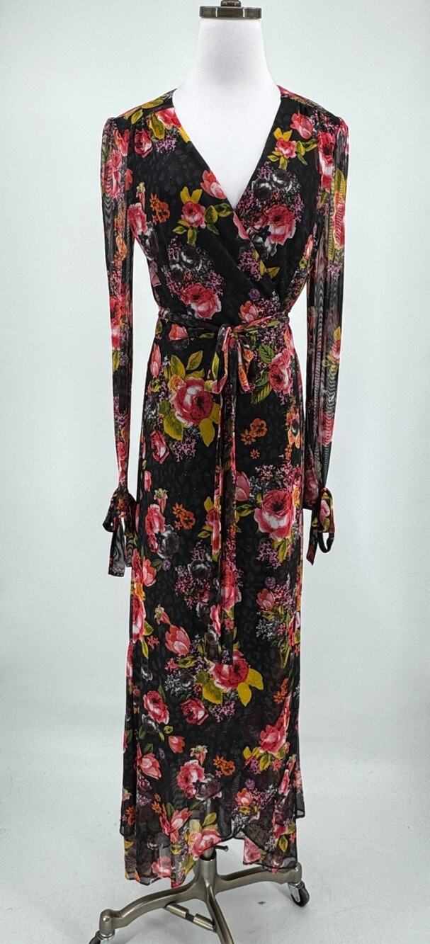Betsey Johnson Black Floral Mesh V Neck Long Sleeve Maxi Wrap Dress Sz 2